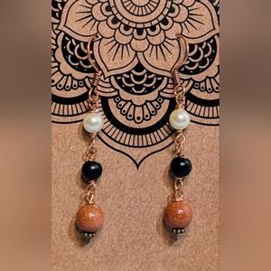 Goldstone Onyx and Pearl Genuine Gemstone with Copper Earrings, Original Design